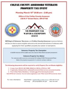 Colfax County Tax Exemption Event @ Office of the Colfax County Assessor | Raton | New Mexico | United States